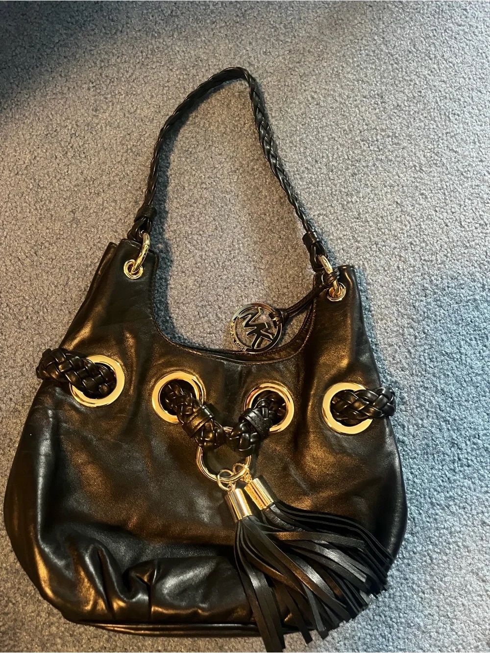 Michael Kors Black Braided Leather Shoulder Bag with Tassel and Gold Hardware